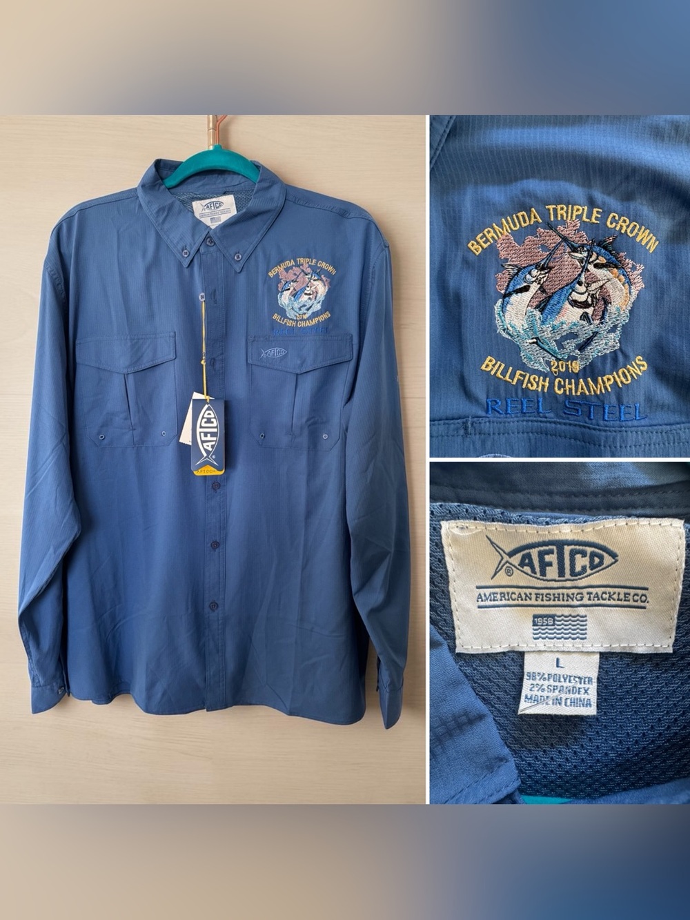NWT AFTCO UPF 50 Blue Performance Fishing Shirt Bermuda Triple Crown 2019 Men L